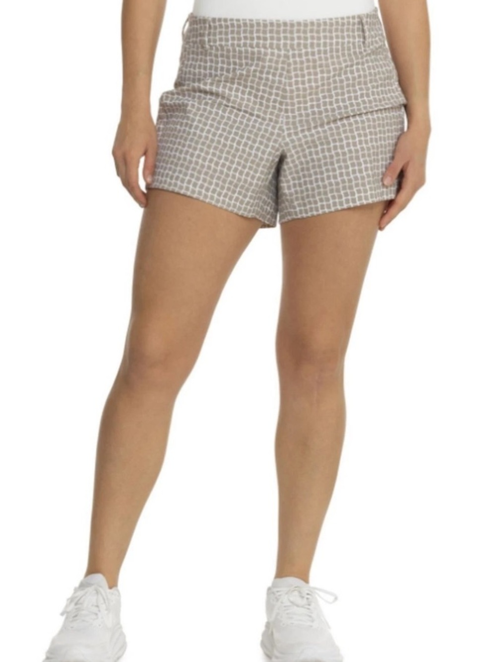 Spanx Sunshine UPF+ 50 Bespoke Check Fawn 4" Shorts Womens Size L Beige